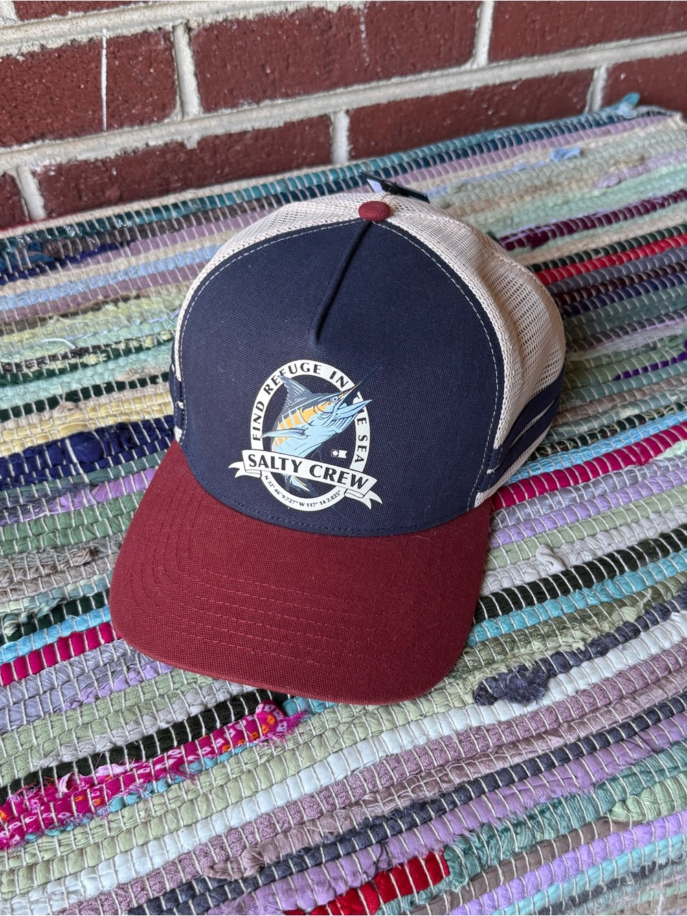 Salty Crew Two-Tone Trucker Hat Navy Crown with Burgundy Bill